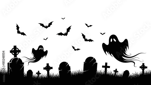 Spooky Halloween graveyard scene with ghosts and bats flying.