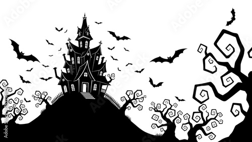 Spooky Haunted Mansion Silhouette with Bats and Twisted Trees.