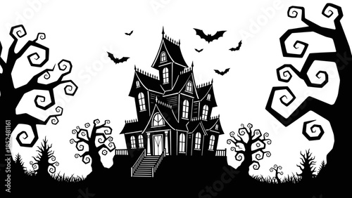 Spooky Haunted Mansion Silhouette with Bats and Twisted Trees.