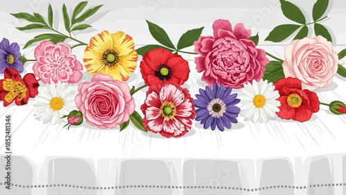 Vibrant assortment of colorful blooming flowers arranged in a beautiful horizontal border.