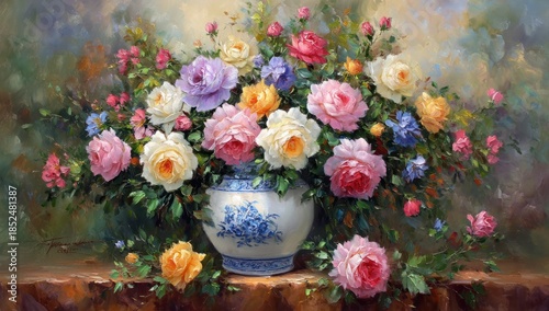 Wallpaper Mural A vibrant still life painting of a porcelain vase overflowing with colorful roses Torontodigital.ca
