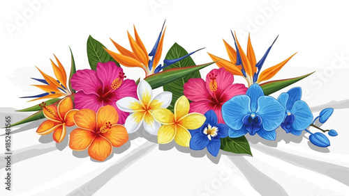 Vibrant Tropical Flower Arrangement with Hibiscus Orchids and Bird of Paradise.