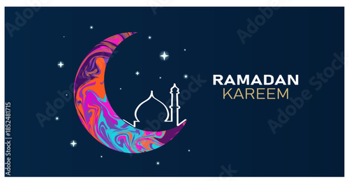 Ramadan Kareem Marble Texture Moon Mosque Colorful Vector