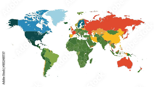 World Map Divided Into Continents and Regions by Color.