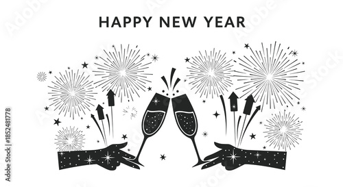 Celebrating the new year with a festive toast and sparkling fireworks a lovely silhouette