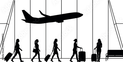 Airport terminal travel silhouettes with passengers luggage airplane departure arrival journey tourism business trip vector illustration isolated