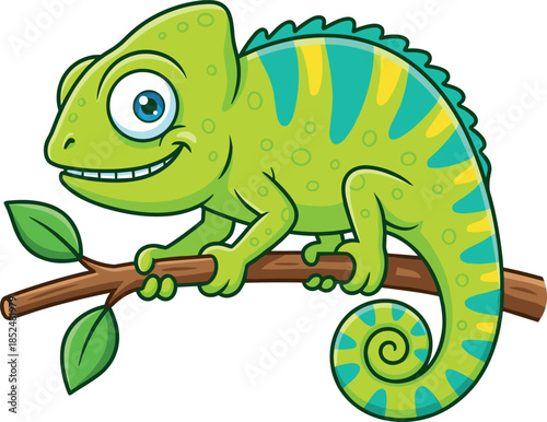 Cute green chameleon cartoon illustration sitting on tree branch smiling colorful reptile animal character vector isolated white background