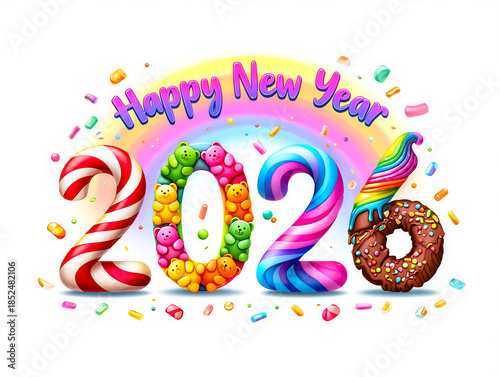 Happy new year 2026 text formed by candies and treats