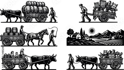 Rural farming transportation silhouettes with ox carts horse wagons farmers countryside landscape vintage agriculture vector illustration isolated set