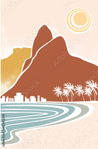 Graphic-style illustration of a coastal landscape in the city of Rio de Janeiro, Brazil.
