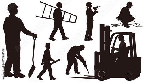 Set Of Black And White Construction Workers Silhouette Illustrations Isolated On A White Background.