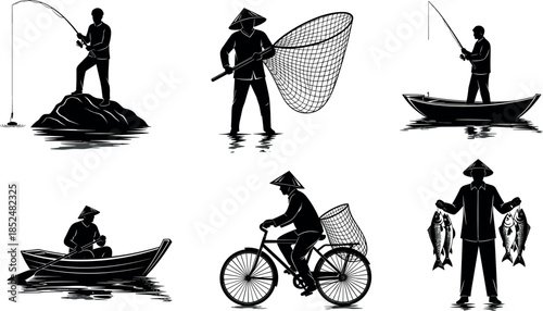 Traditional fishing silhouettes set with fishermen boats nets bicycle river livelihood culture black vector illustration isolated background