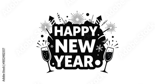 Festive new year greetings with champagne glasses and fireworks a bold graphic silhouette