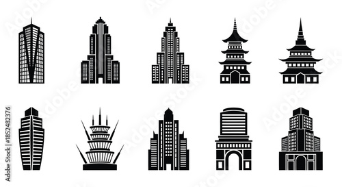 Collection of black and white icons depicting university buildings and academic symbols