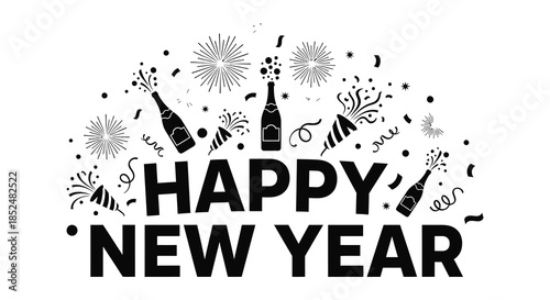 Festive new year celebration design with champagne bottles confetti and a bold text silhouette