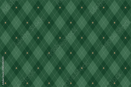 A Christmas checkerboard pattern with white lines and gold stars and squares, perfect for backgrounds, gift wrapping paper, or as a separate vector image on a green background.