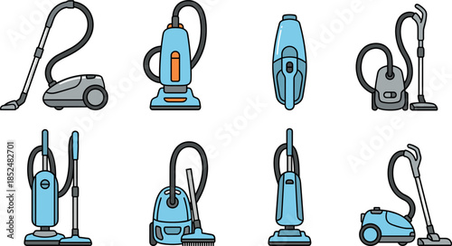Vacuum cleaner illustration set showing modern household cleaning appliances in different styles positions and designs for home use