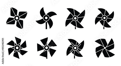 Black and white illustrations depicting various abstract floral or propeller shapes