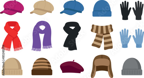 Winter accessories collection – hats, scarves, gloves in grid layout – flavector