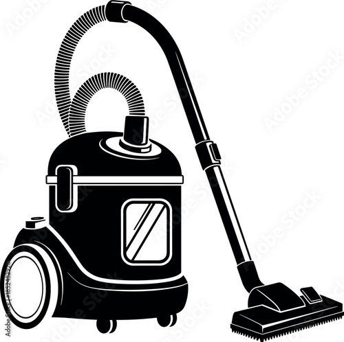 Vacuum cleaner silhouette illustration showing modern household cleaning appliance with hose and brush for home hygiene floor care