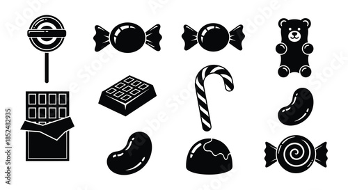 Black and white silhouettes of various candies and a teddy bear