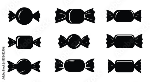 Black and white silhouettes of various candies and a teddy bear