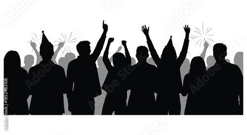 A jubilant crowd celebrating with raised arms and fireworks displayed in the background silhouette