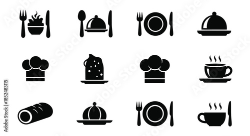 Black silhouette icons depicting various culinary dishes tableware and food preparation