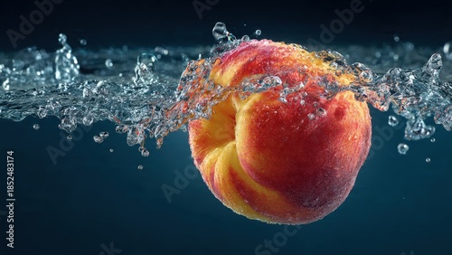 A ripe peach splashing into water, creating a splash effect in a serene aquatic environment