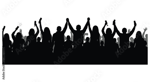 A jubilant crowd raising their hands in celebration a striking black and white silhouette