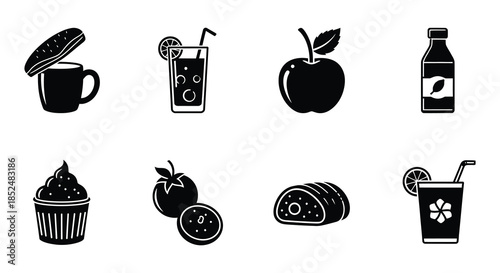 Black silhouette icons of various beverages and food items arranged in rows