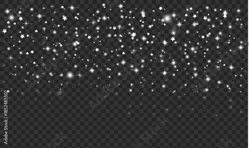 Falling snow overlay with bright stars and sparkling light effects on transparent background
