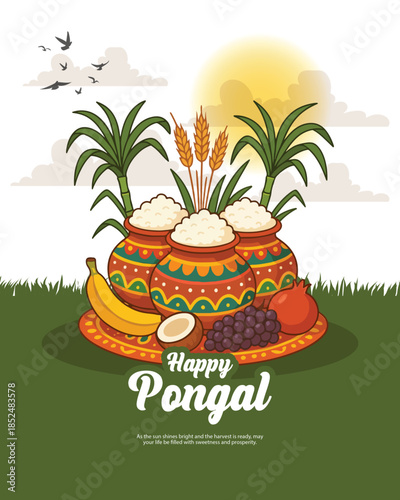 Pongal festival illustration with decorated clay pot, sugarcane and rice on clean background.