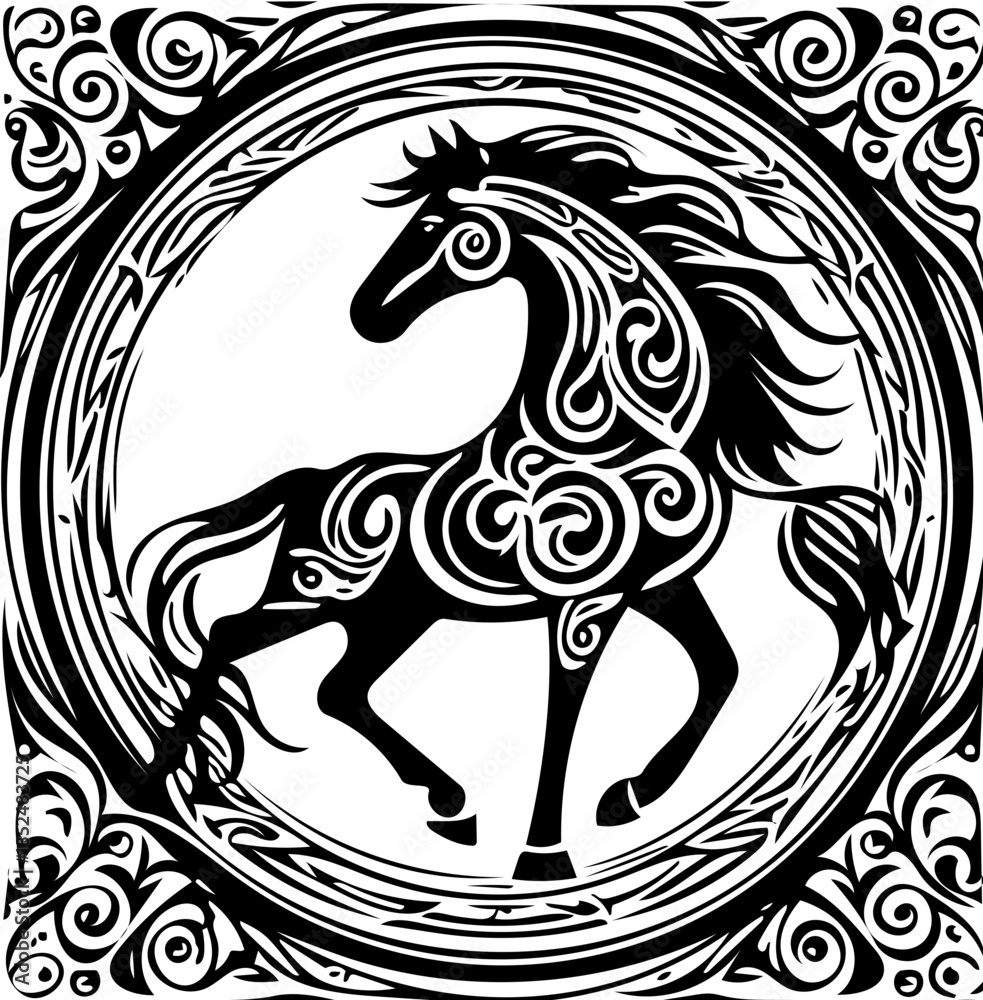Obraz premium Tribal Horse Black and White Vector Ornament SVG 