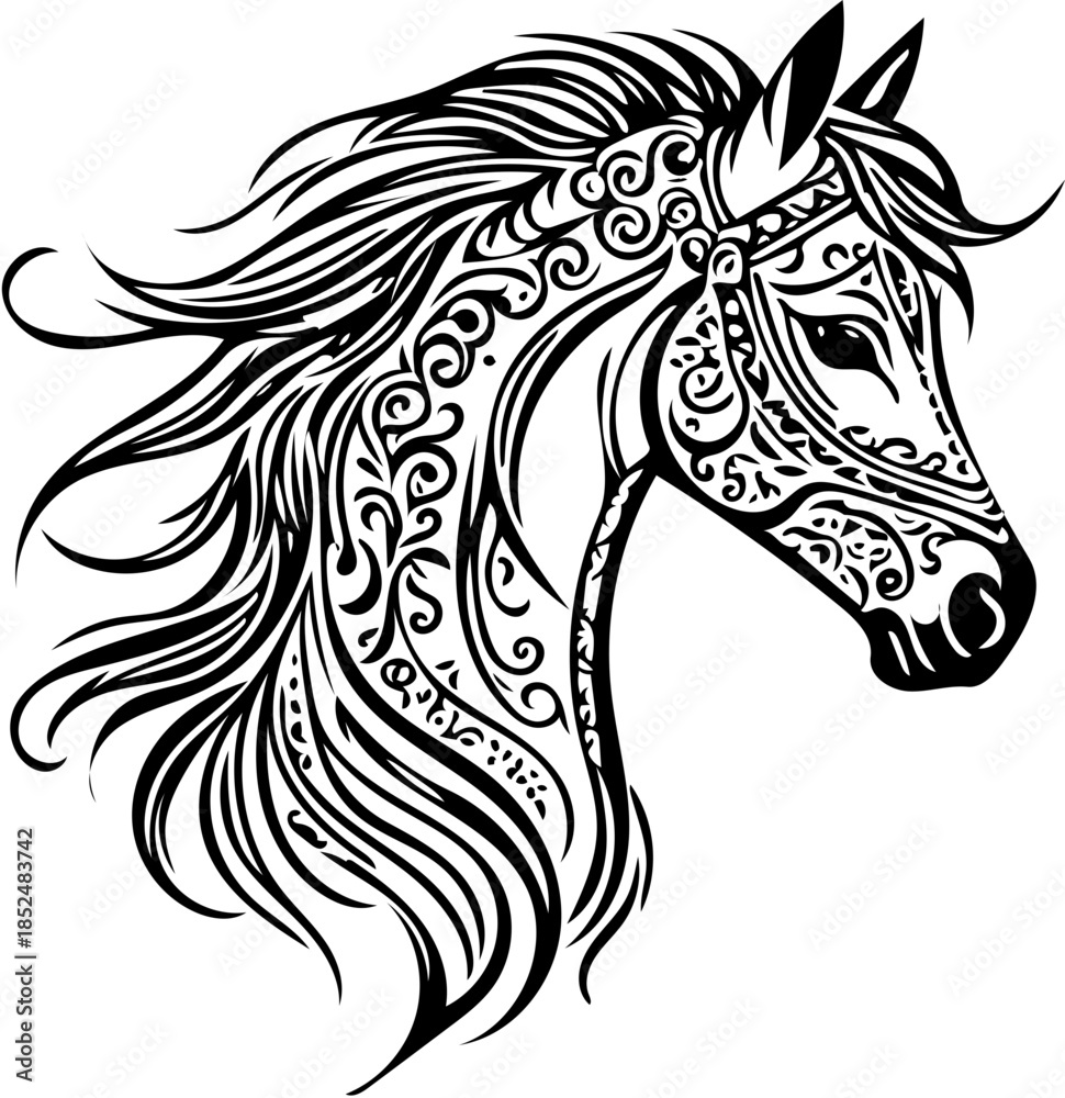 Fototapeta premium Tribal Horse Black and White Vector Ornament SVG