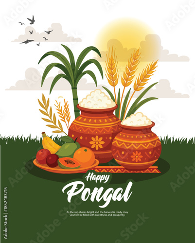 Pongal festival illustration with decorated clay pot, sugarcane and rice on clean background.