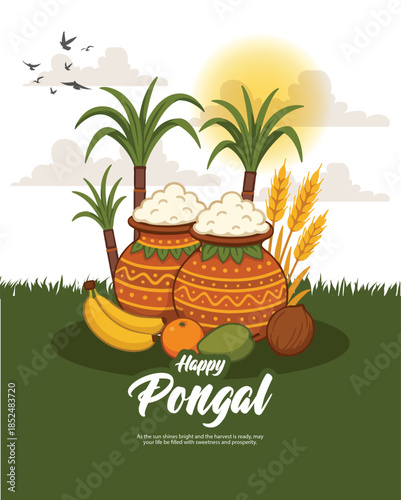 Pongal festival illustration with decorated clay pot, sugarcane and rice on clean background.