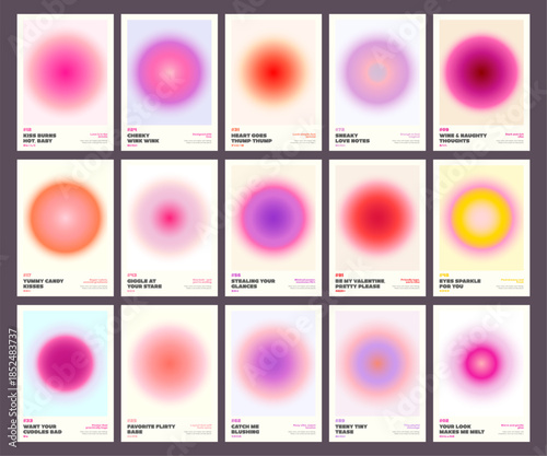 Large set of romantic gradient posters with flirty texts on soft blurred circles in purple, pink, orange hues for love themes, covers, banners. Blurred Gradient Poster Template with Radial Glow Circle