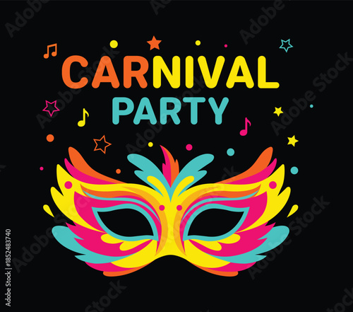 Colorful carnival party mask with music notes and stars on