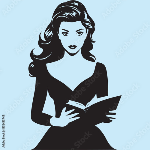 silhouette icon of a Pin up Girl with book 
