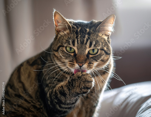 Cat Grooming Its Paw With Pink Tongue In Soft Light