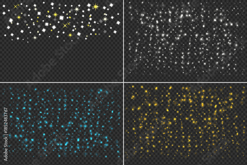 Set of colorful sparkling glitter overlays with gold, silver, and blue light particles