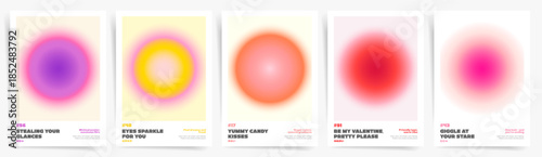 Sweet romantic gradient poster templates for Valentine’s Day. Soft glowing abstract circle backgrounds in pastel tones for banners, flyers, covers and modern love design projects.