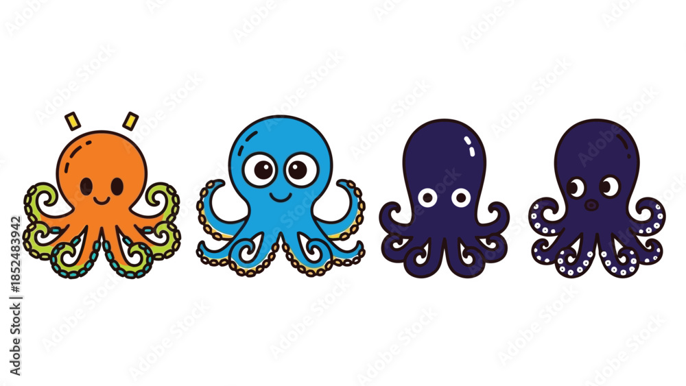Obraz premium Colorful cartoon octopuses with smiling faces and playful tentacles