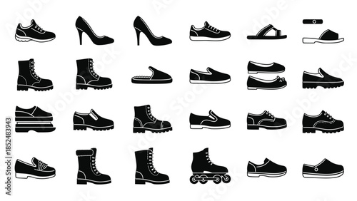 Collection of various black shoes and footwear illustrations