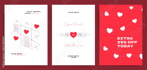 Valentines Day Sale Poster Template Set with Hearts, Love Discount Typography, Minimal Red White Layouts for Social Media Story, Banner, Flyer, Coupon, Promo Advertising
