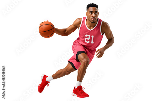 Young black basketball player in red jersey running fast while handling the ball, isolated on a white background