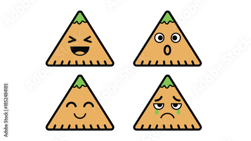 Cartoon samosas with different emotions and facial expressions