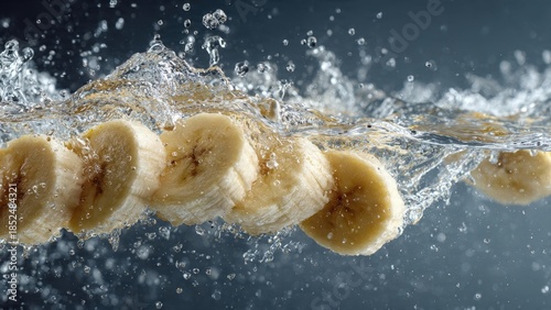 Sliced bananas splashing into water, creating a refreshing scene with droplets and ripples