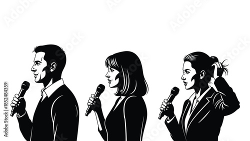 Silhouette of people speaking into microphones in a row